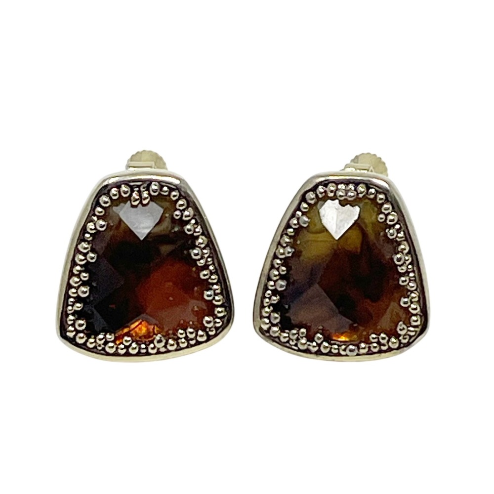 Vintage Amber Gold Tone Clip On Earrings Shield Beaded Unsigned Autumn Timeless